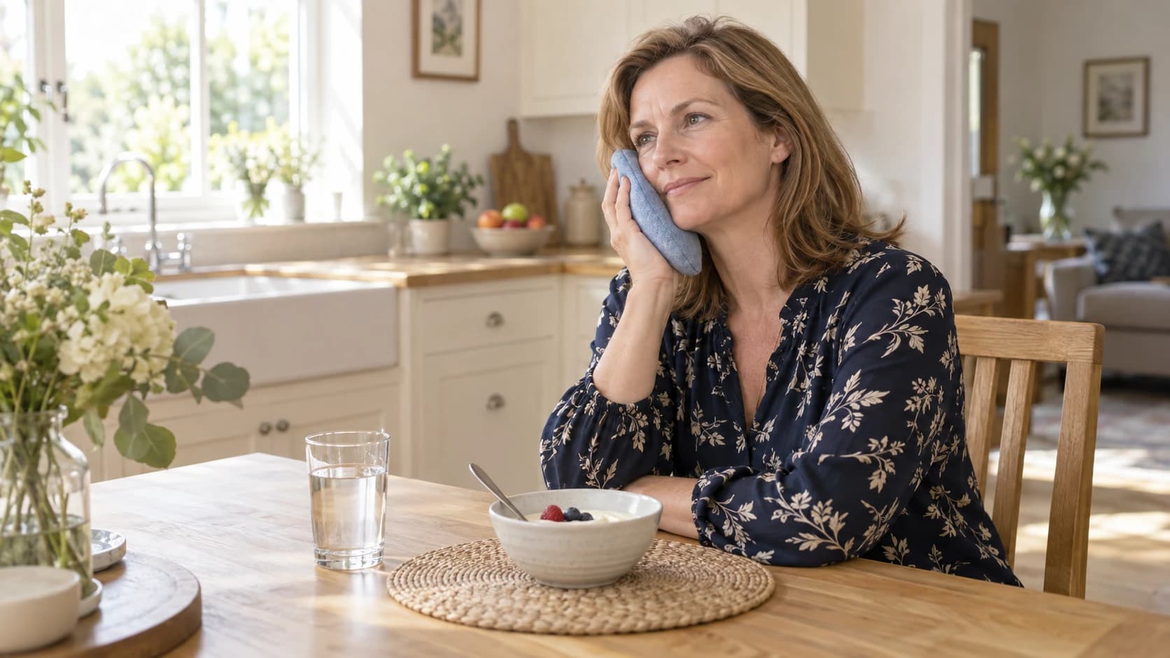 Woman in a navy floral blouse holds a cloth cold pack to her cheek beside yoghurt and water at home.