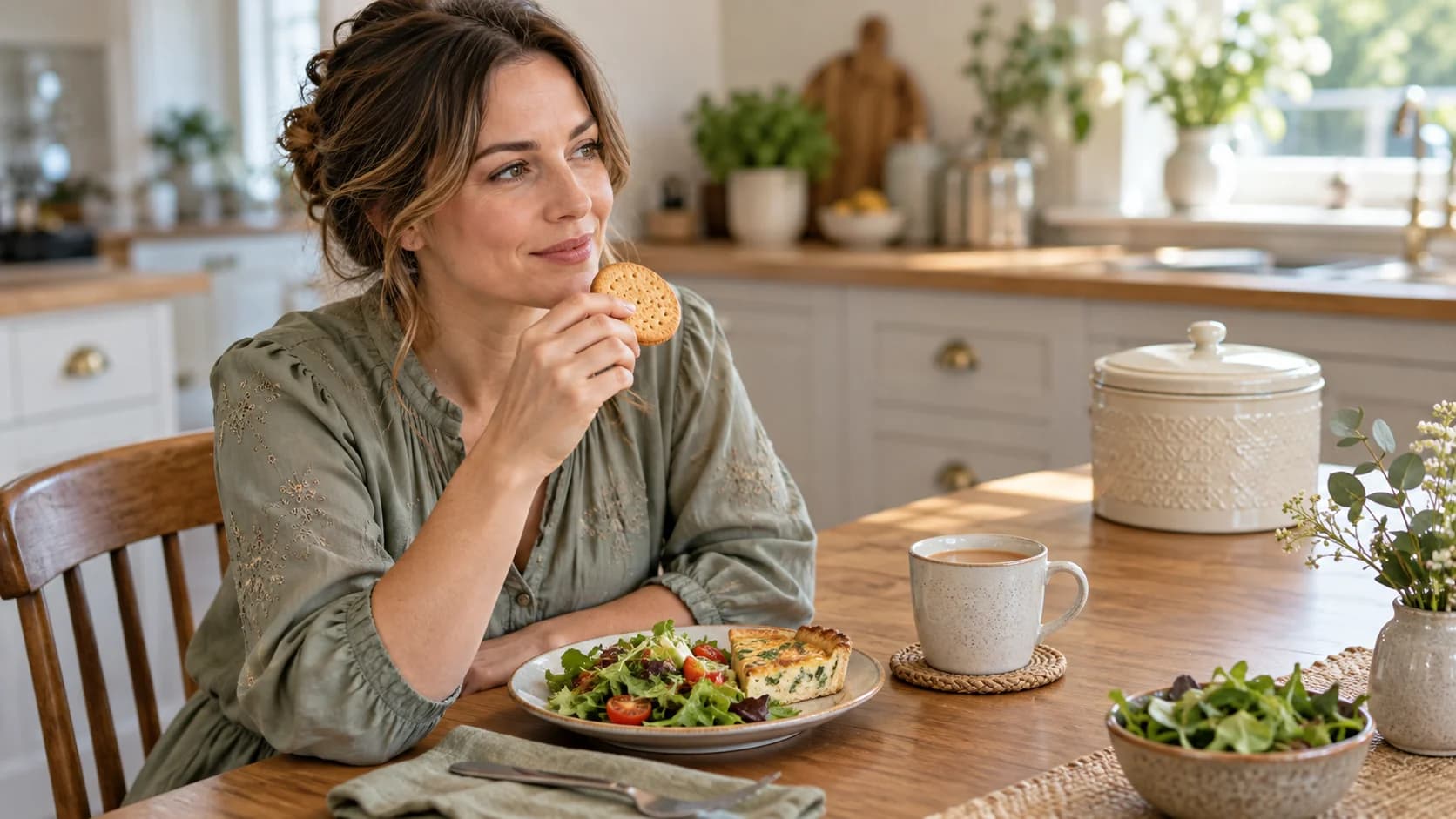 Woman in a sage blouse enjoys one biscuit with lunch and tea at a kitchen table.