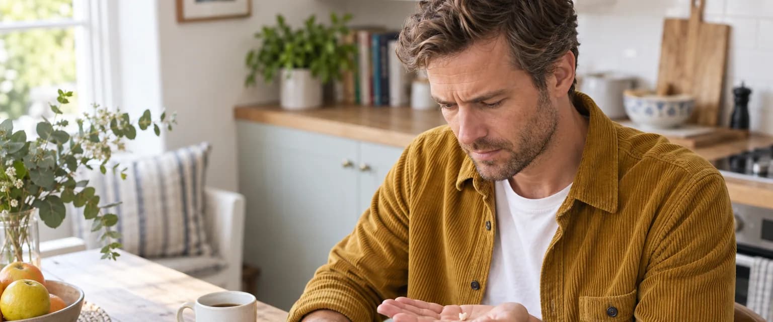 Man in a mustard overshirt examines a small broken tooth fragment at his kitchen table.