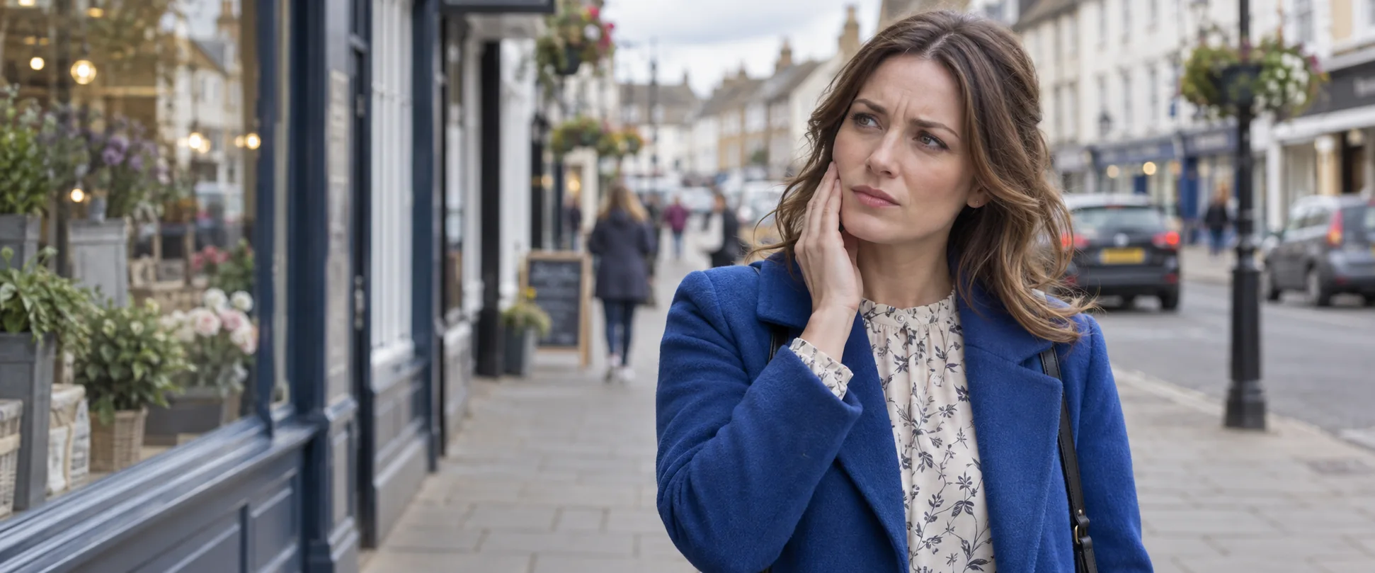 Woman in a blue coat touching her cheek, unsure where the tooth pain is coming from.