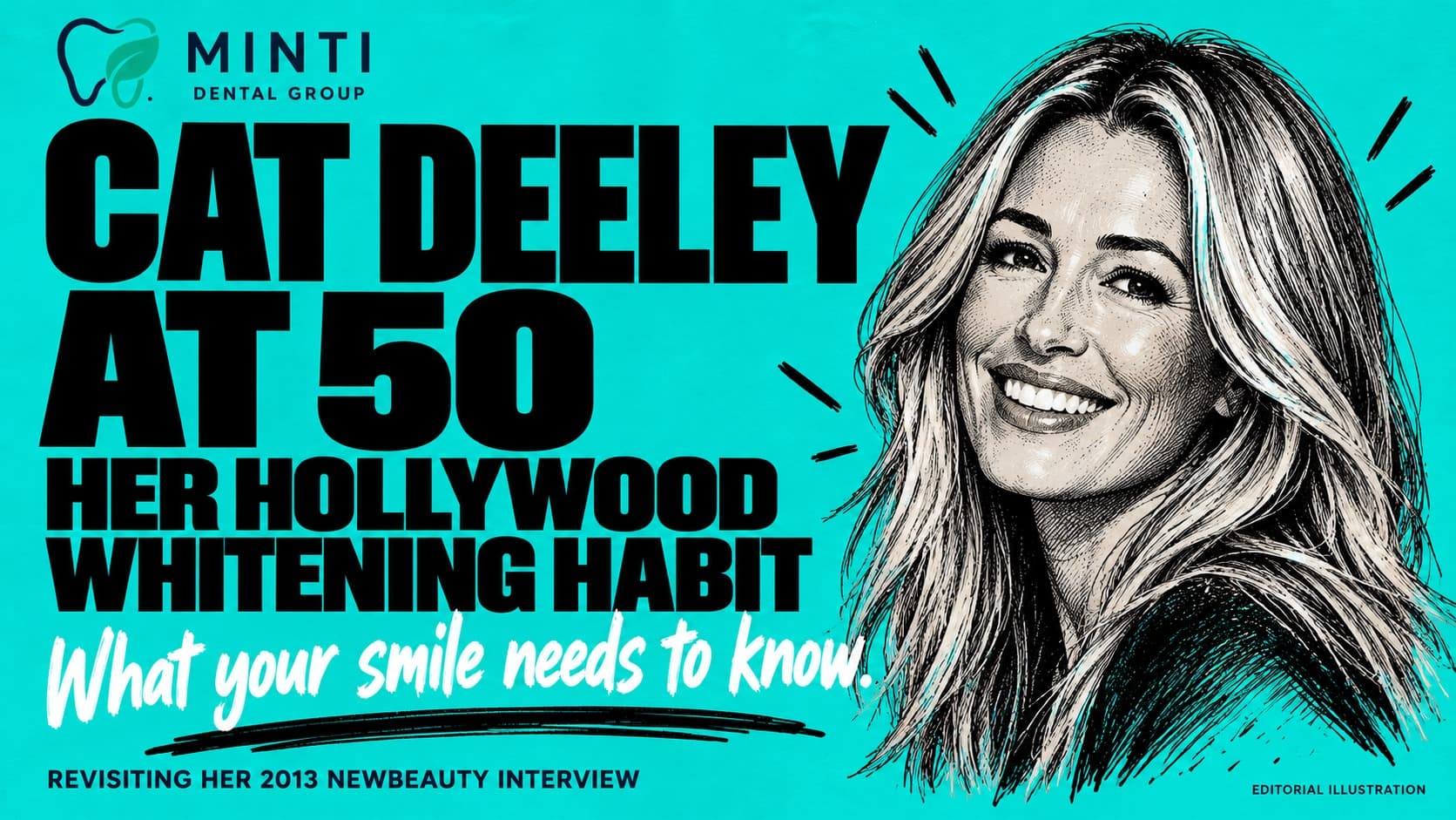 Illustrated portrait of Cat Deeley on a bold turquoise background with Minti Dental Group branding. Headline reads “Cat Deeley at 50: Her Hollywood whitening habit”, with a note revisiting her 2013 NewBeauty interview.