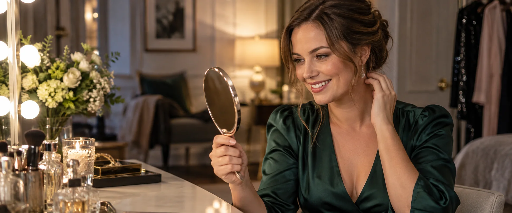 Woman in an emerald blouse smiles into a hand mirror at a dressing-room vanity.