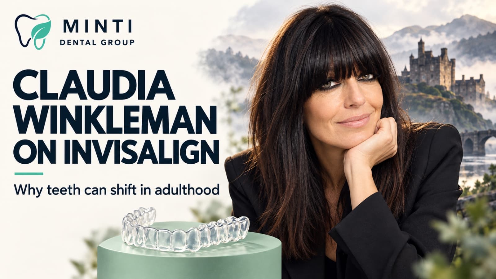 Minti graphic with a woman’s portrait, clear aligner and the text Claudia Winkleman on Invisalign and Why teeth can shift in adulthood.