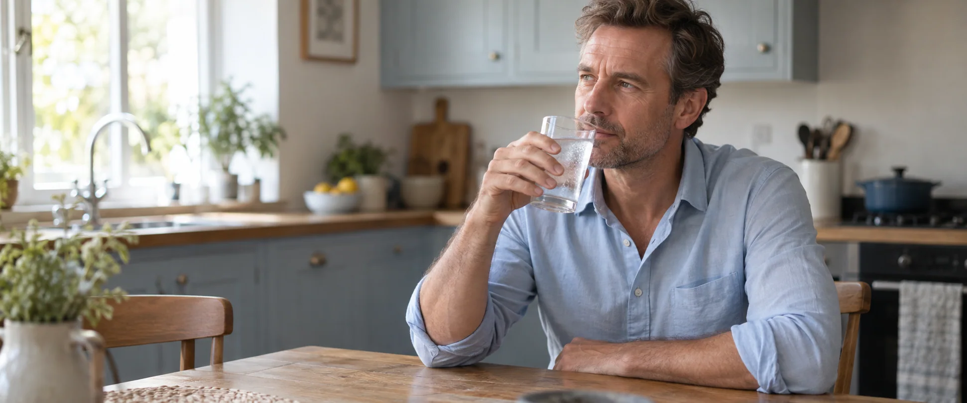 Man in a kitchen holds a glass of cold water near his mouth.