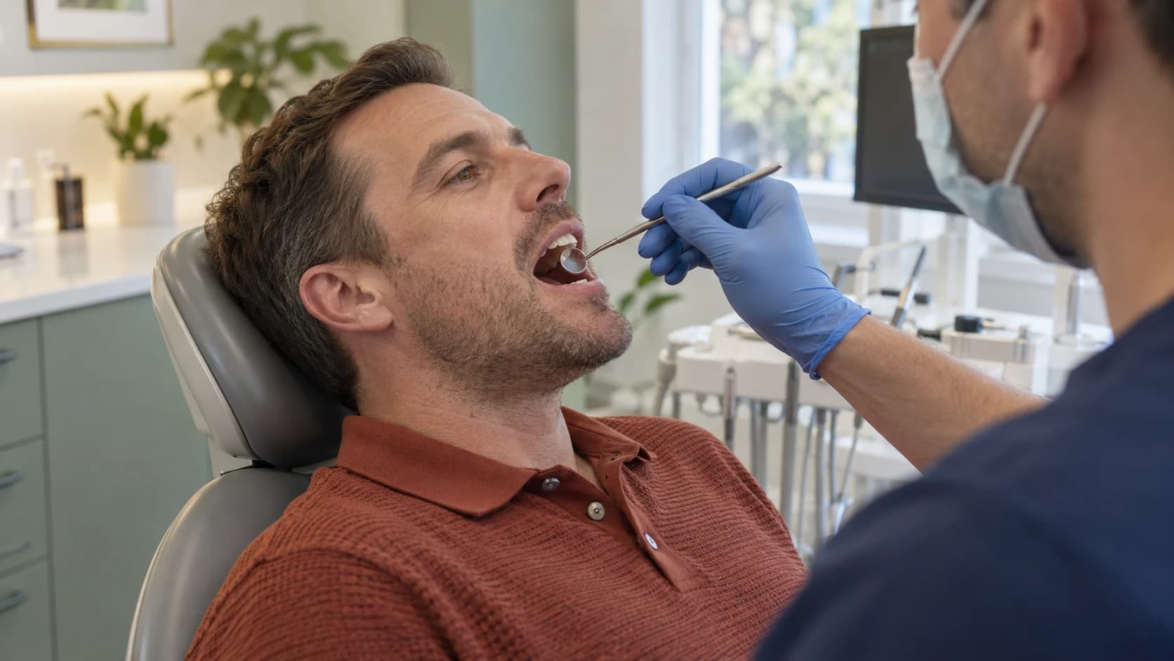 Man in a rust-coloured polo shirt has a back tooth examined with a dental mirror.