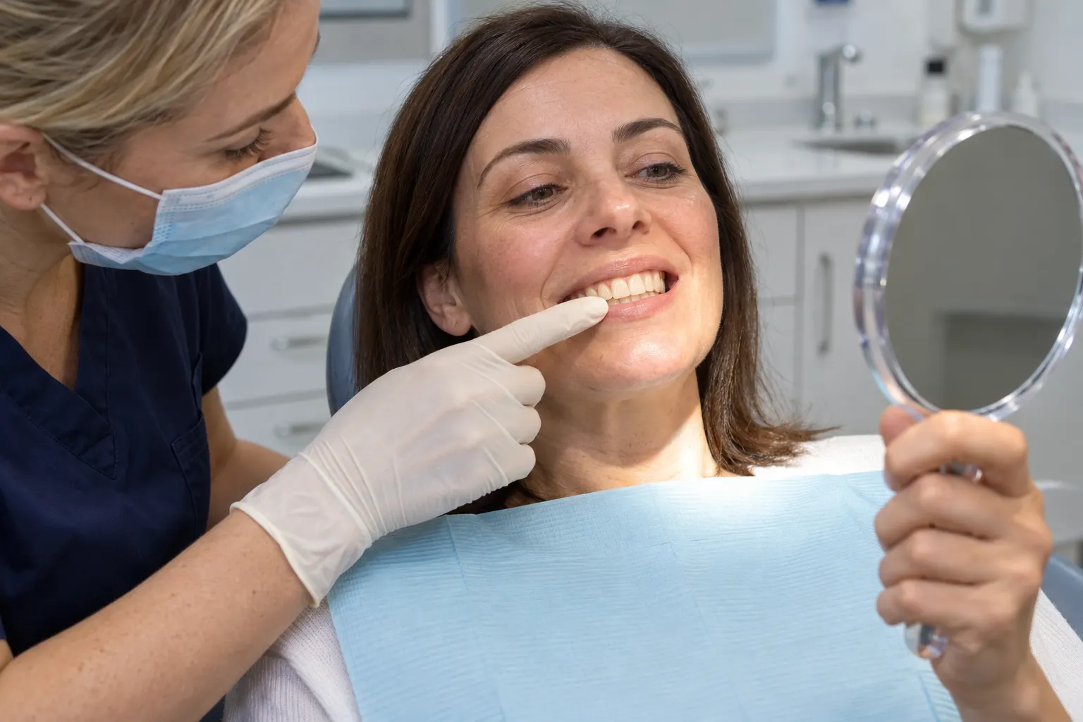 Dentist in navy scrubs and white gloves points to the front teeth of a smiling woman who checks them in a hand mirror in the dental chair.
