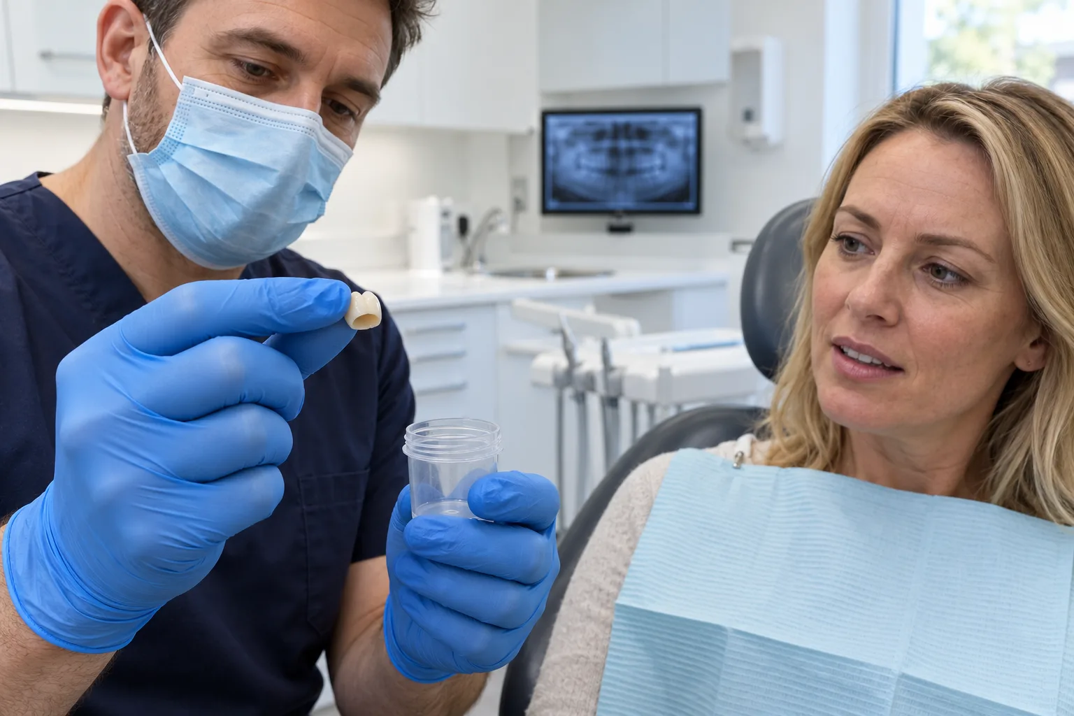 Dentist in navy scrubs and a blue mask holds a small loose porcelain crown in a gloved hand beside an empty clear specimen pot, while a woman in the dental chair with a blue bib looks at it, with a panoramic dental X-ray on a screen behind.