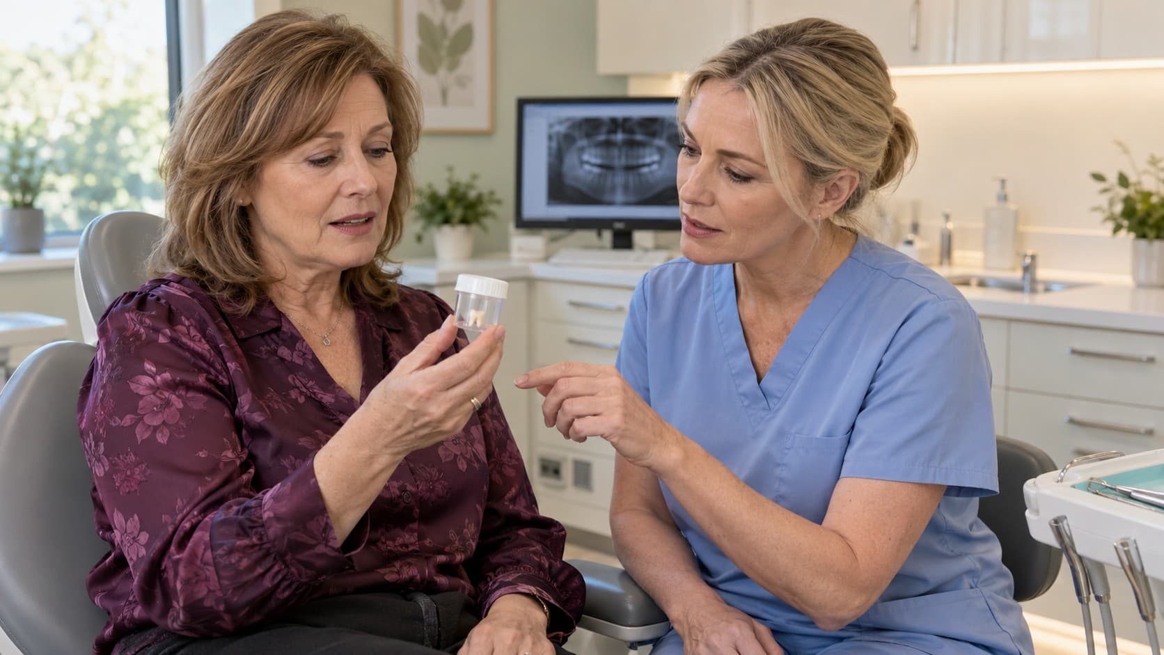 Woman in a plum floral blouse shows a saved dental crown in a small pot to her dentist.