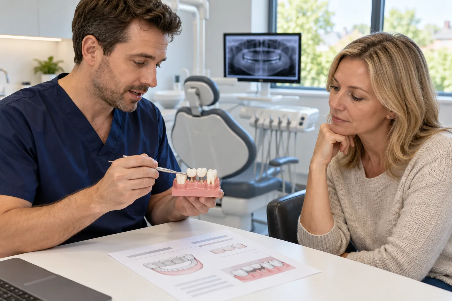 Dentist in navy scrubs points to a dental bridge model while a woman in a beige jumper looks at a printed treatment plan.