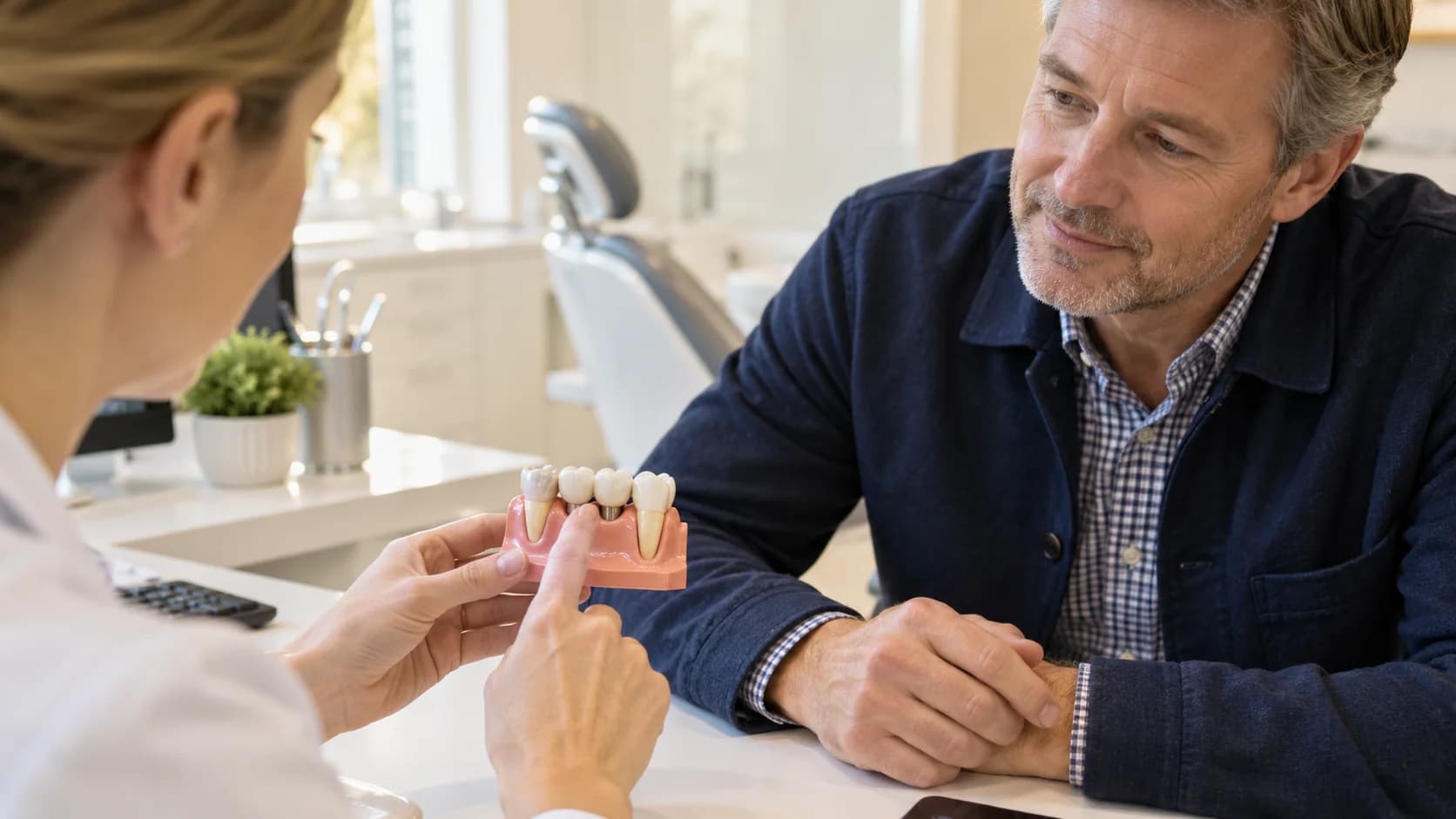 Man in a navy overshirt discusses a dental bridge teaching model with a dentist.