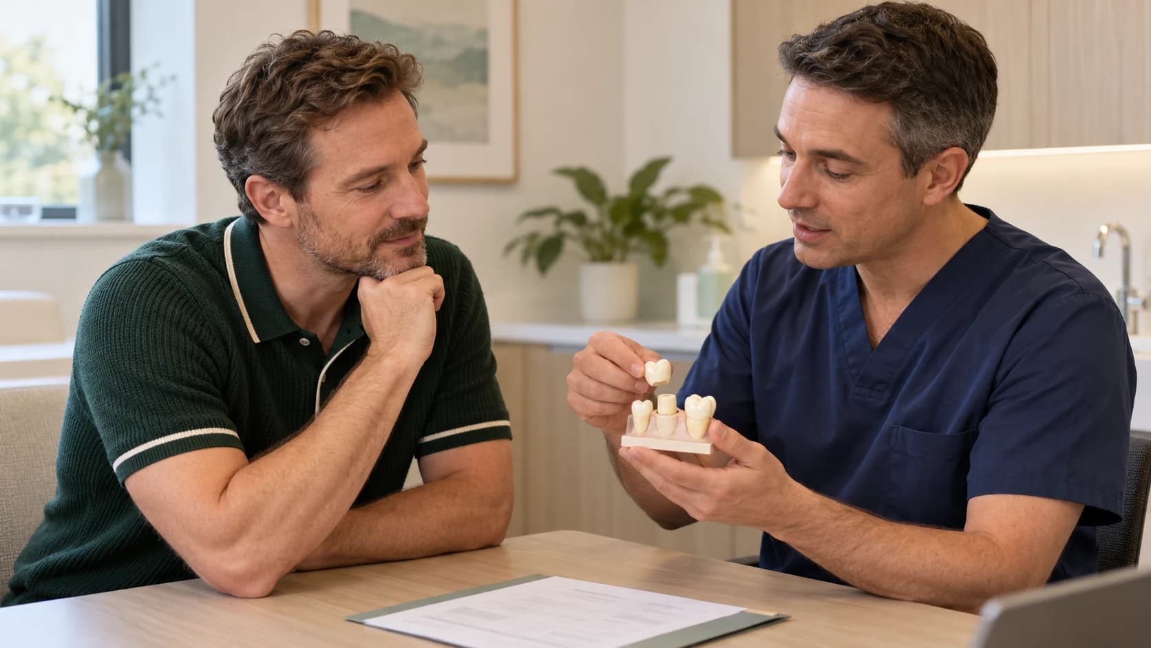 Dentist demonstrates a ceramic crown on a tooth model to a man in a green knitted polo during a consultation.