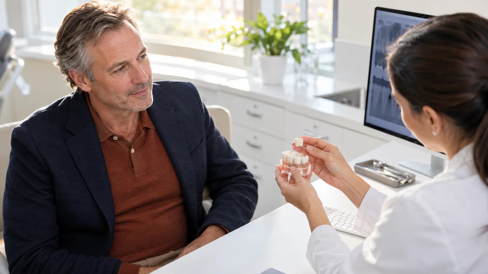Man in a russet polo and navy jacket discusses a dental crown model with his dentist.
