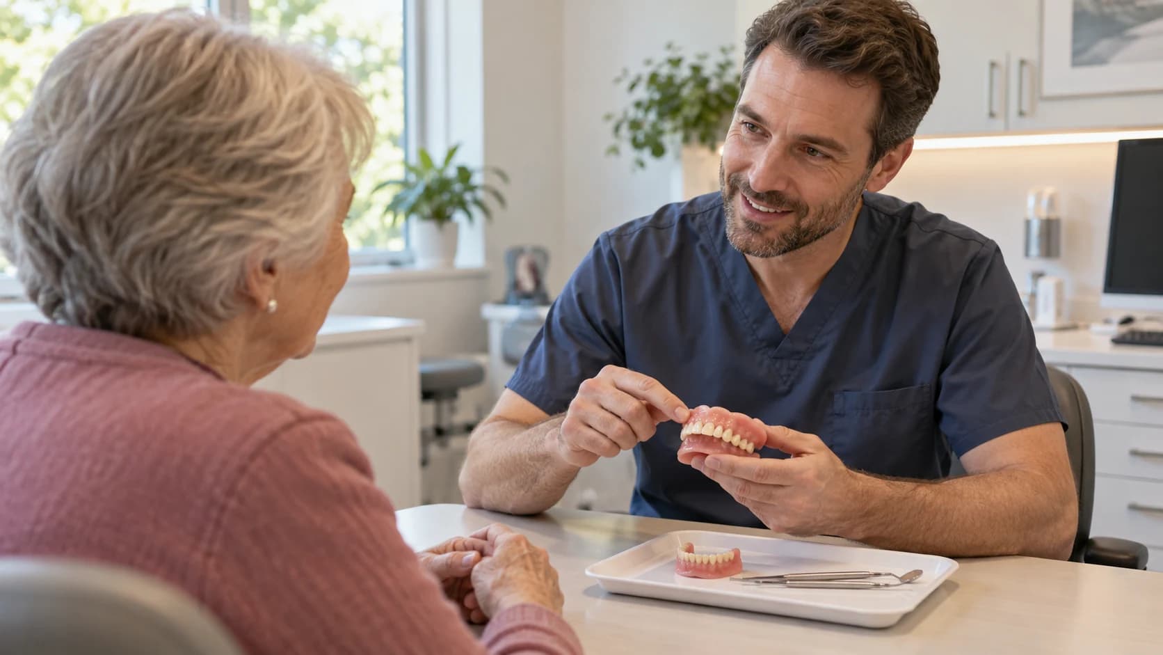 Dentist in slate-blue scrubs explains a denture model to an older woman wearing a dusty rose cardigan.