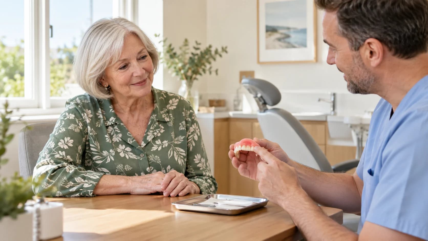 Woman in a sage botanical blouse discusses a removable denture with a dentist.