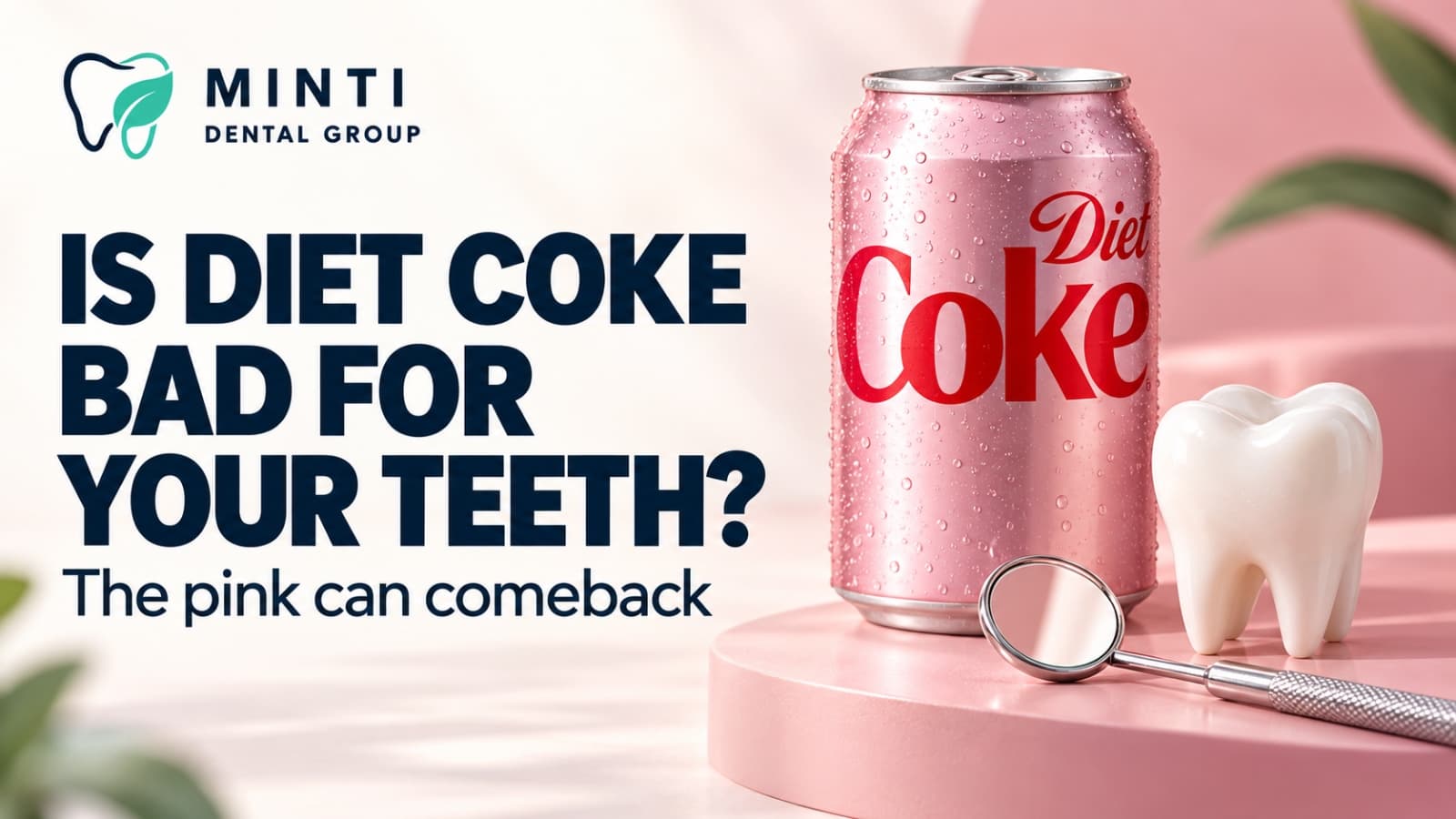Pink Diet Coke can beside a tooth model and dental mirror, with Minti branding and the question Is Diet Coke bad for your teeth?