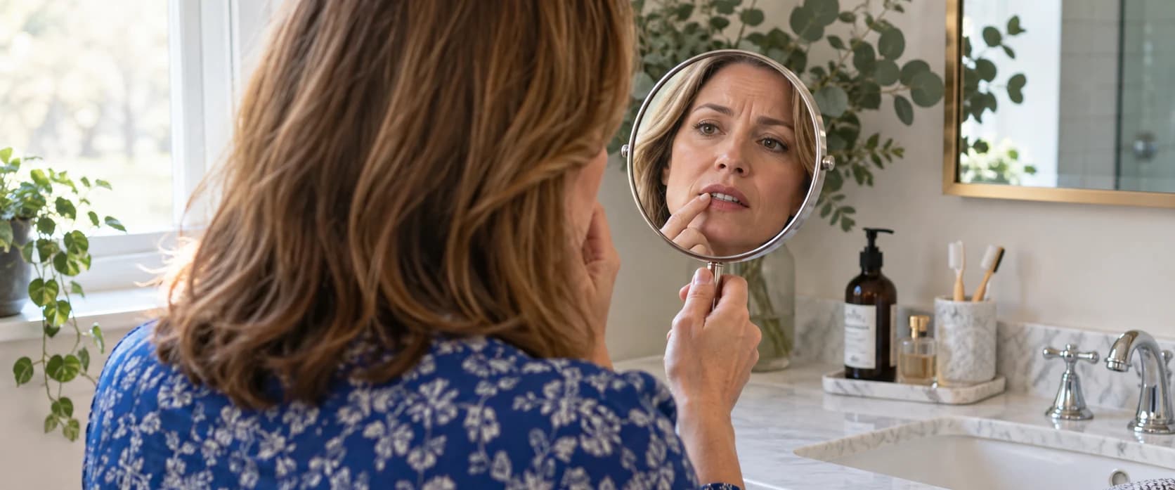 Woman in a blue floral blouse checks a sore tooth in a handheld mirror at home.