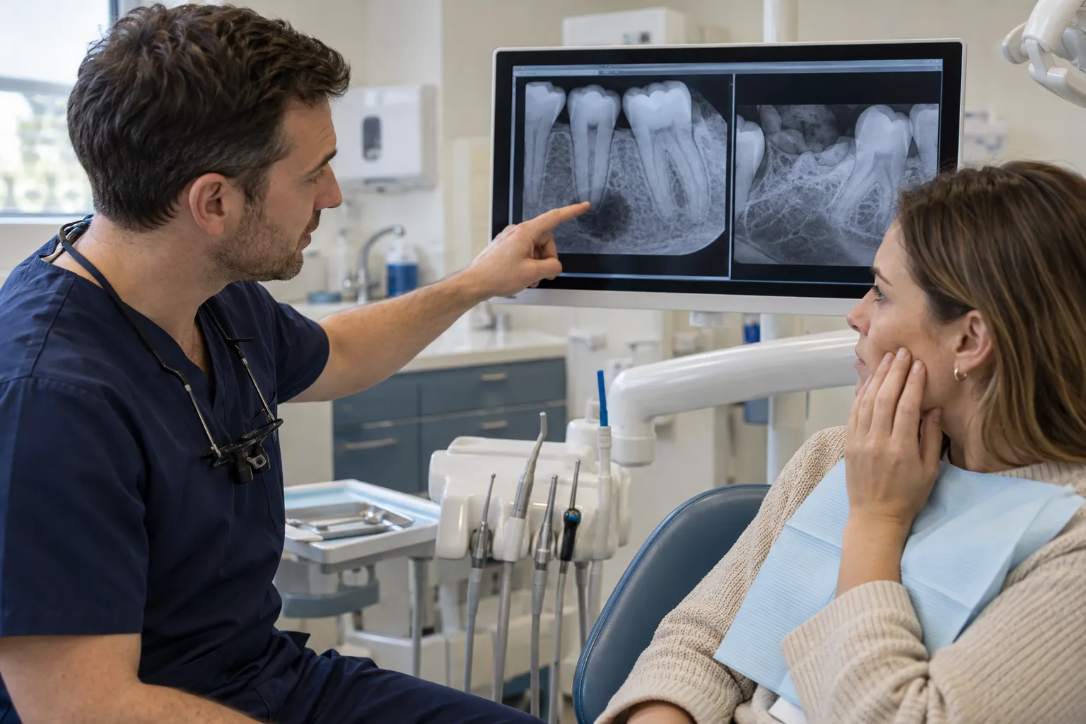 Dentist in navy scrubs points to a dark area at the root tip on a dental X-ray displayed on a chairside screen, while a woman in the dental chair holds her cheek and listens.