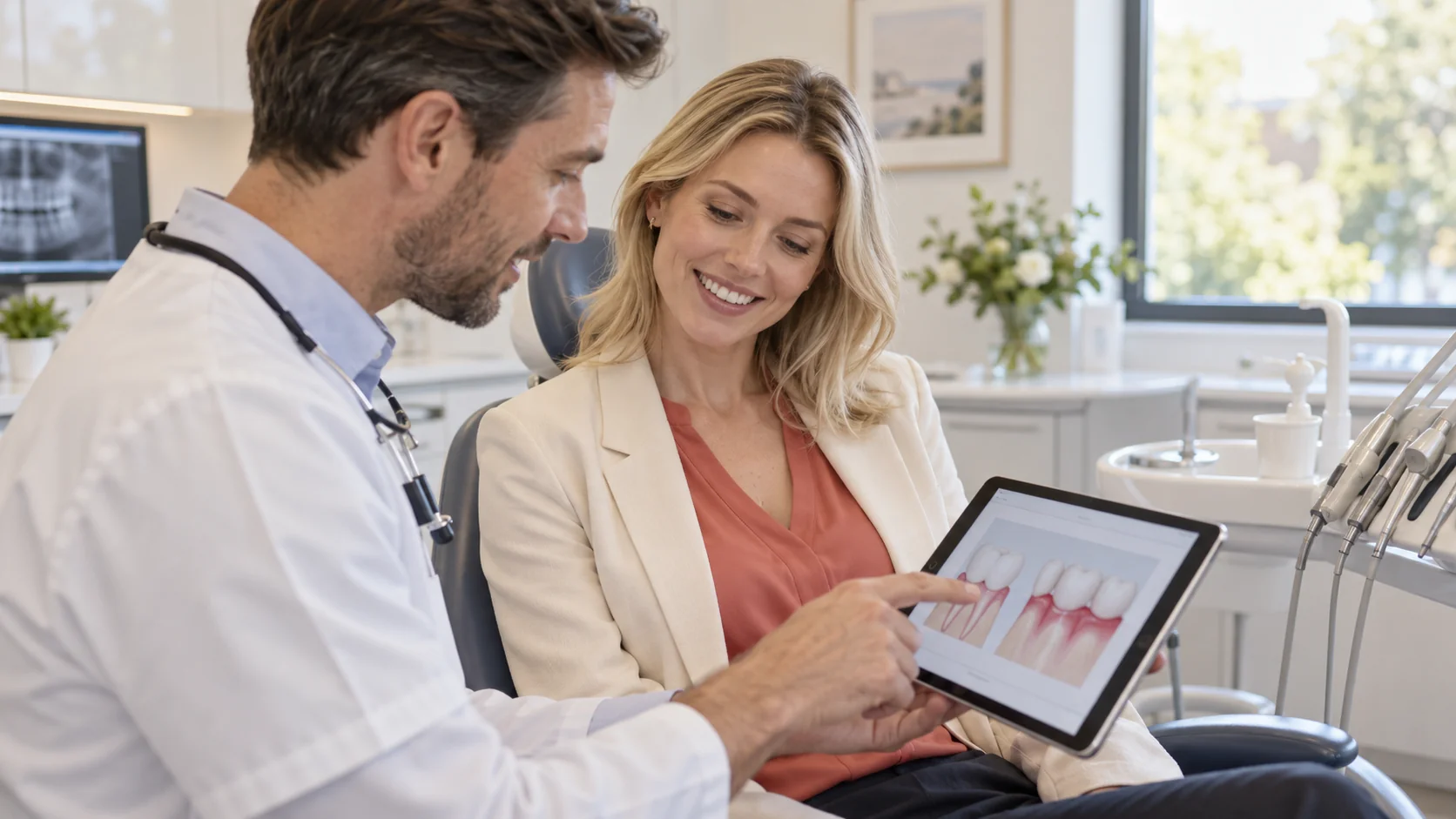 Woman in a coral blouse and cream jacket discusses gum health with a dentist in a bright surgery.