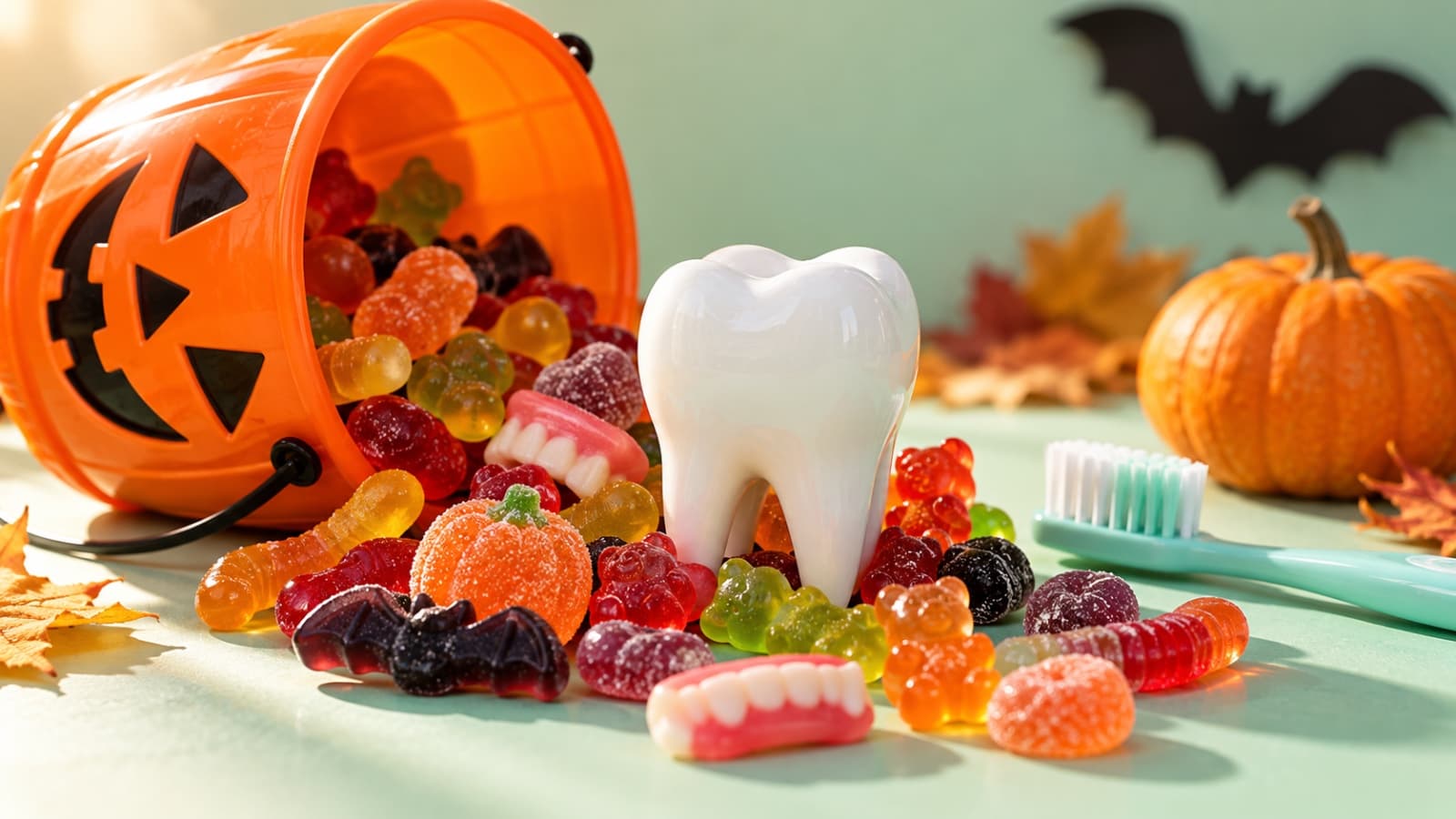 Halloween sweets spilling from an orange pumpkin bucket around a tooth model and mint-green toothbrush.