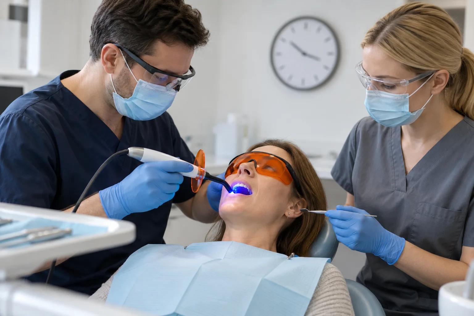 Dentist in navy scrubs and safety glasses holds a blue curing light to a filling while a woman in the dental chair wears orange protective glasses and a dental nurse holds a mirror beside her, with a wall clock behind them.