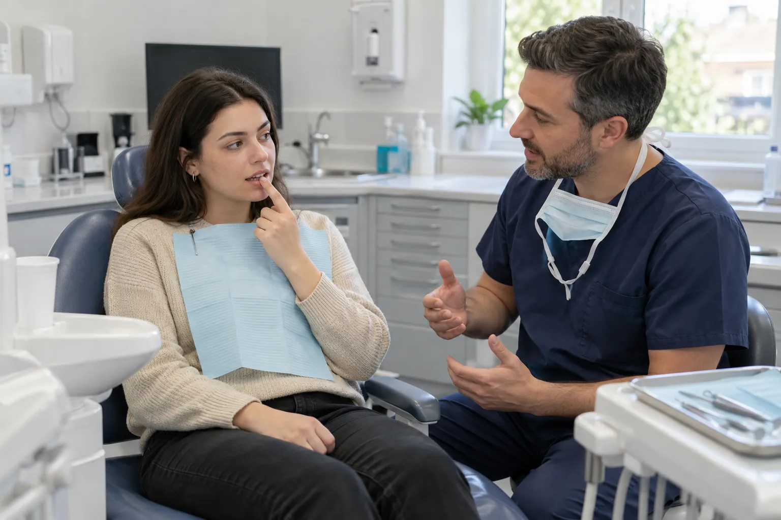 Woman in a cream jumper and paper bib touches her lower lip in the dental chair while a dentist in navy scrubs, mask lowered, explains aftercare.