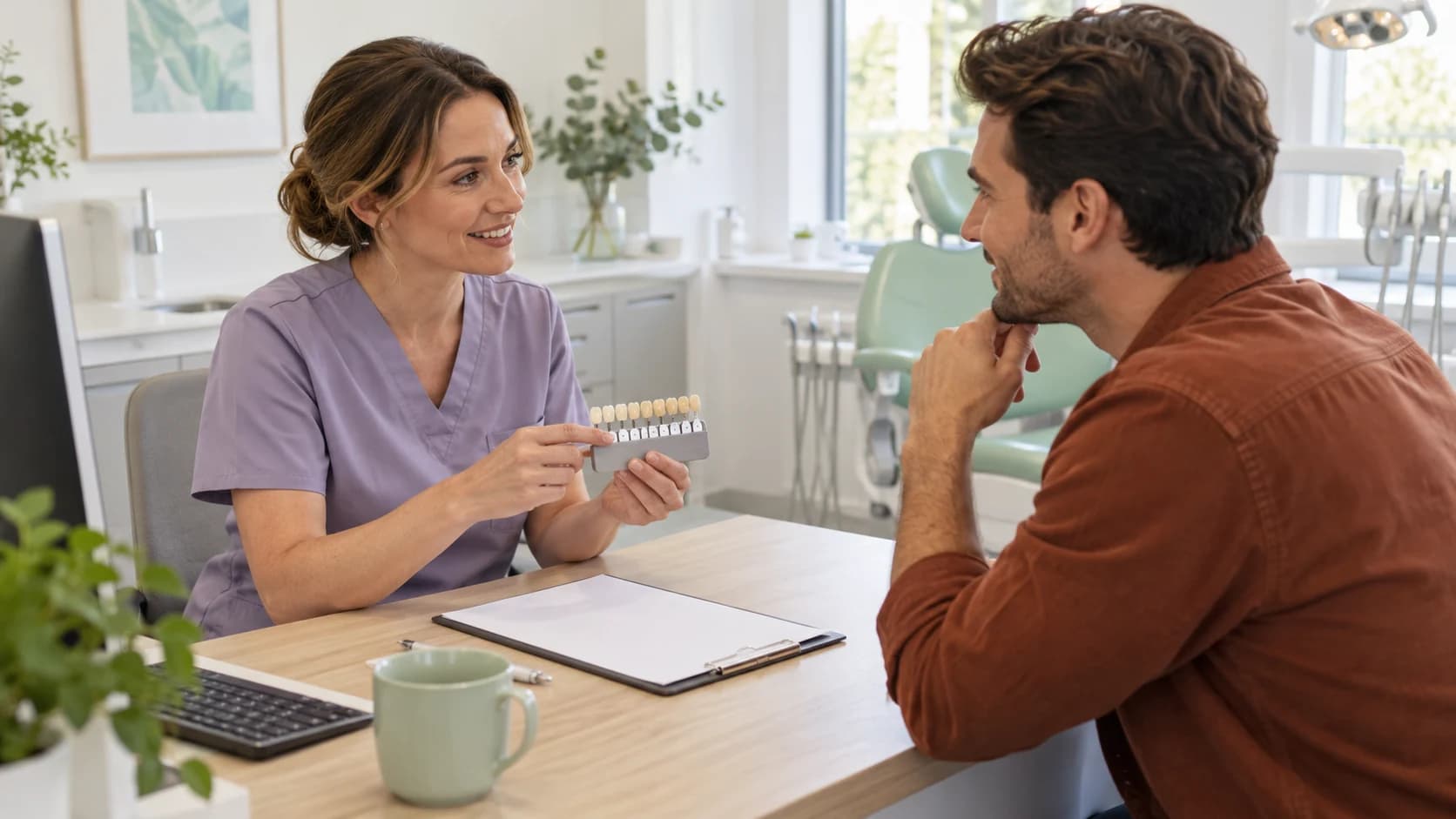 Dentist in lavender scrubs discusses a tooth shade guide and treatment plan with a man in a rust-coloured shirt.