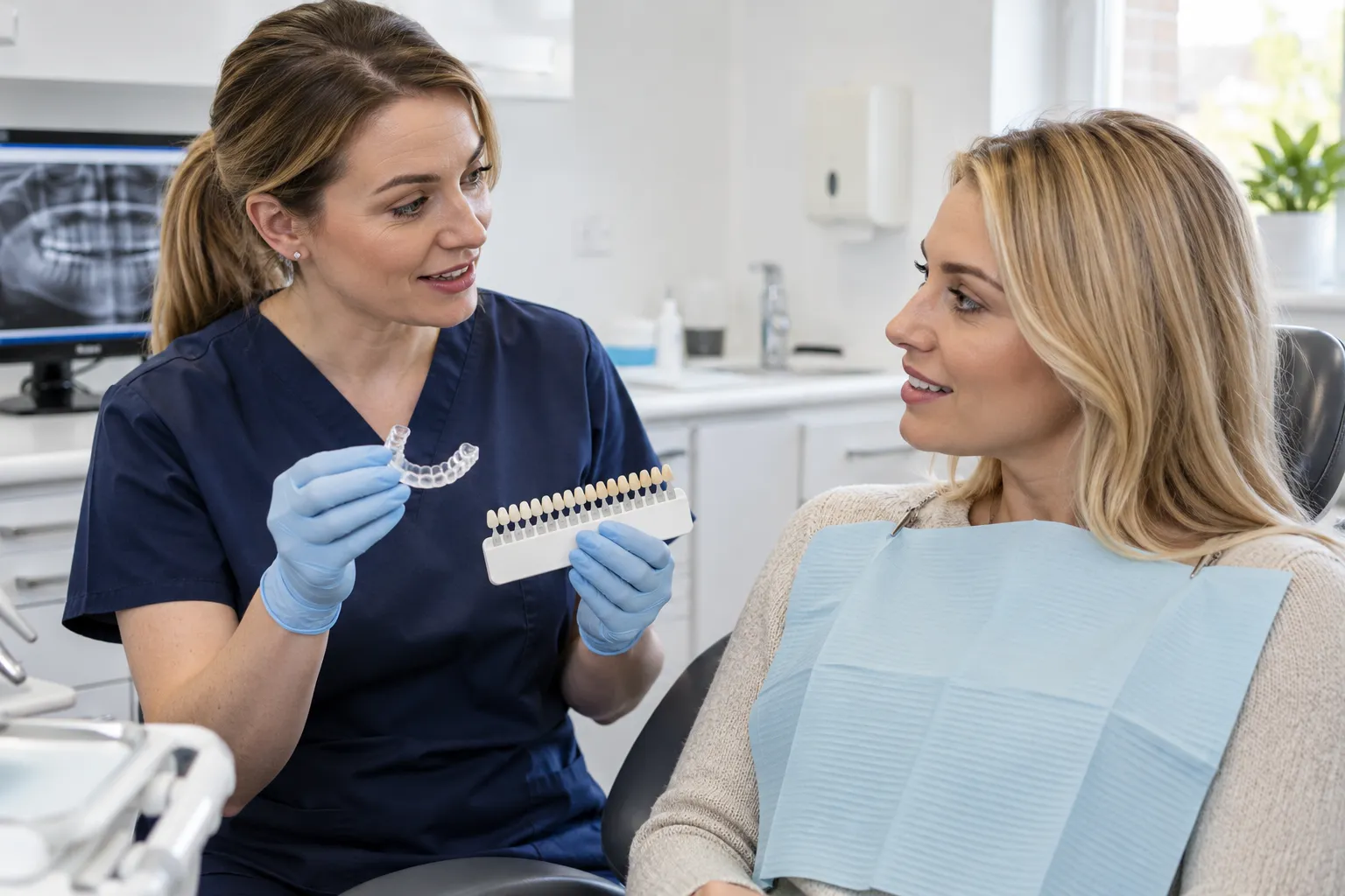 Dentist in navy scrubs holds a clear whitening tray and a tooth shade guide while talking with a woman in a cream jumper in the dental chair.