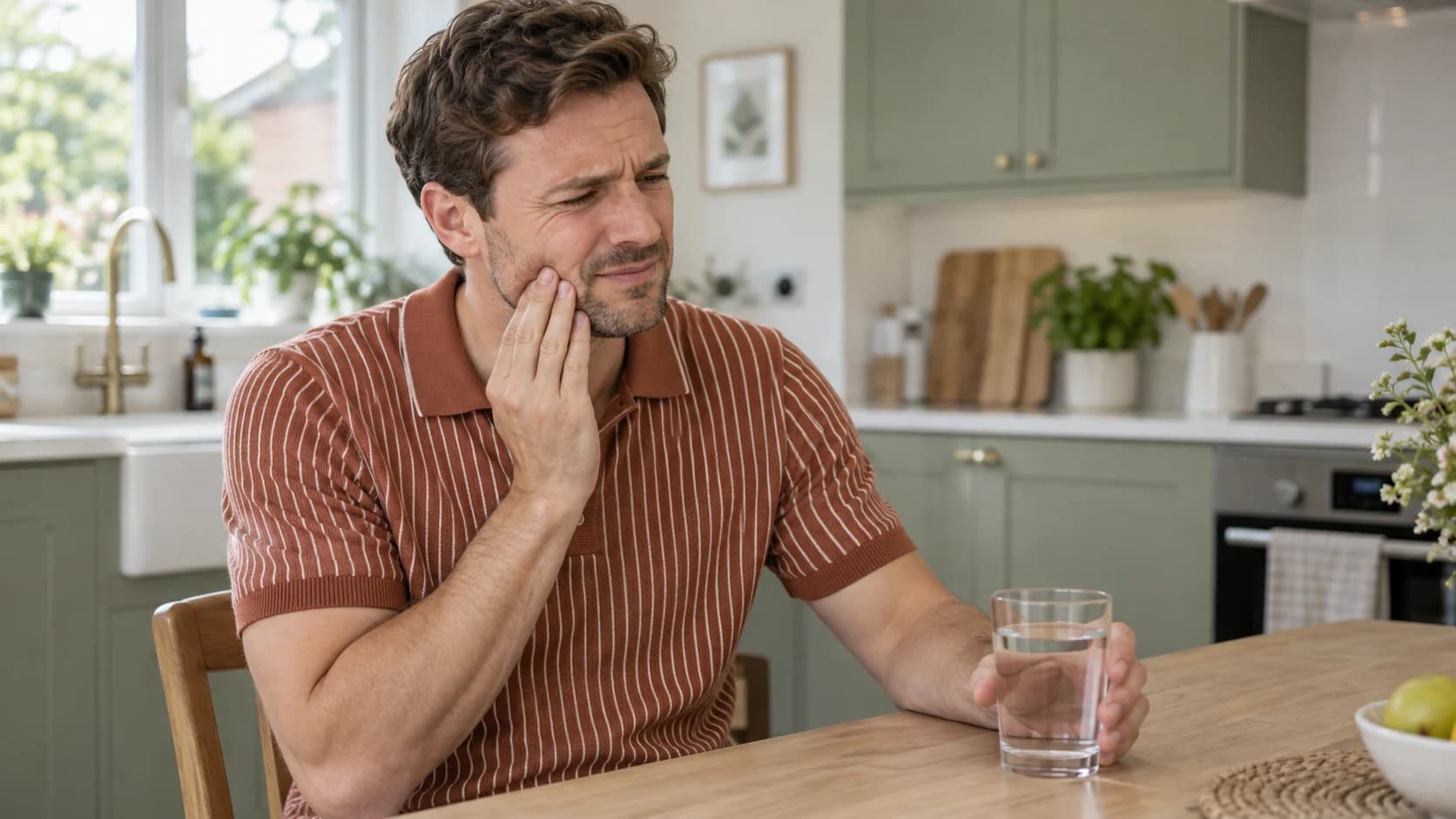 Man in a terracotta striped polo touches his cheek after a sip of water at his kitchen table.
