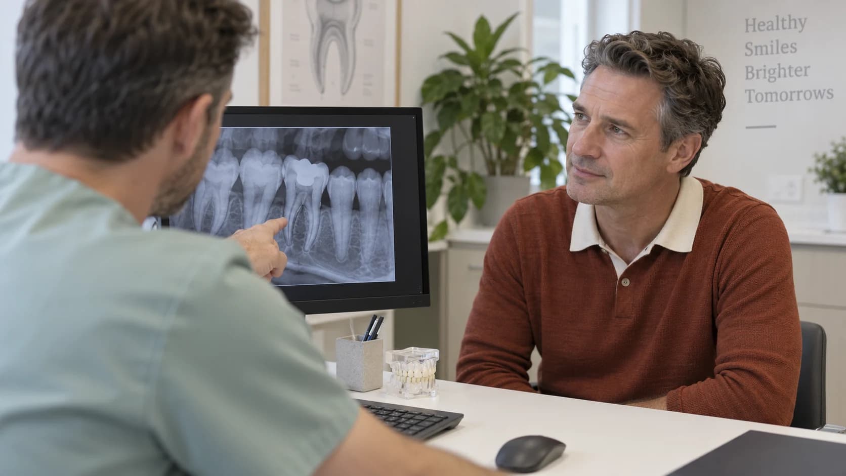 Man in a rust knitted polo discusses a dental X-ray with his dentist before root canal treatment.
