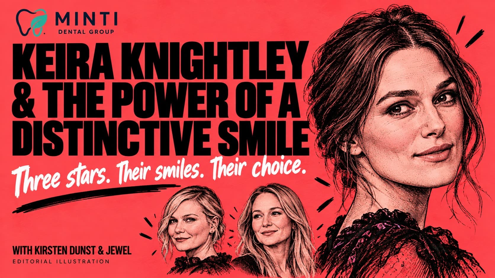 Illustrated portraits of Keira Knightley, Kirsten Dunst and Jewel on a bold coral-red background with Minti Dental Group branding. Headline reads “Keira Knightley & the power of a distinctive smile”, with “Three stars. Their smiles. Their choice.”