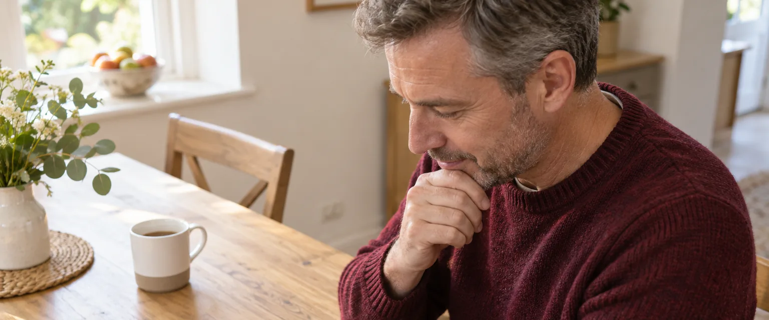 Man in a burgundy knit jumper considers a loose crown at his kitchen table.