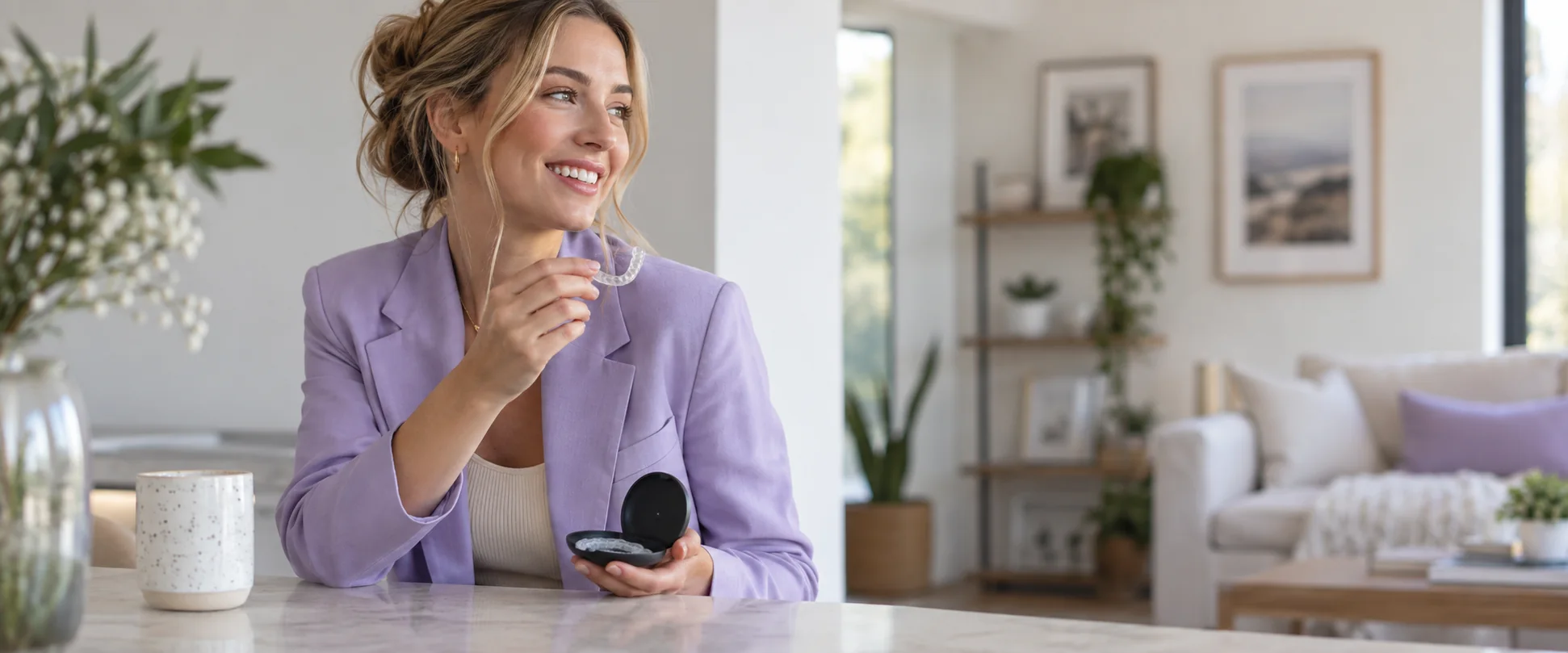 Woman in a lavender blazer smiles while holding a clear aligner beside its case.