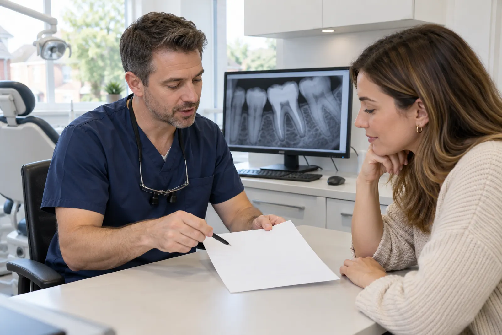 Dentist in navy scrubs with loupes round his neck points a pen at a blank treatment plan sheet on a consultation desk while a woman in a cream knitted jumper rests her chin on her hand and reads it, with a dental X-ray of back teeth on a monitor behind them.