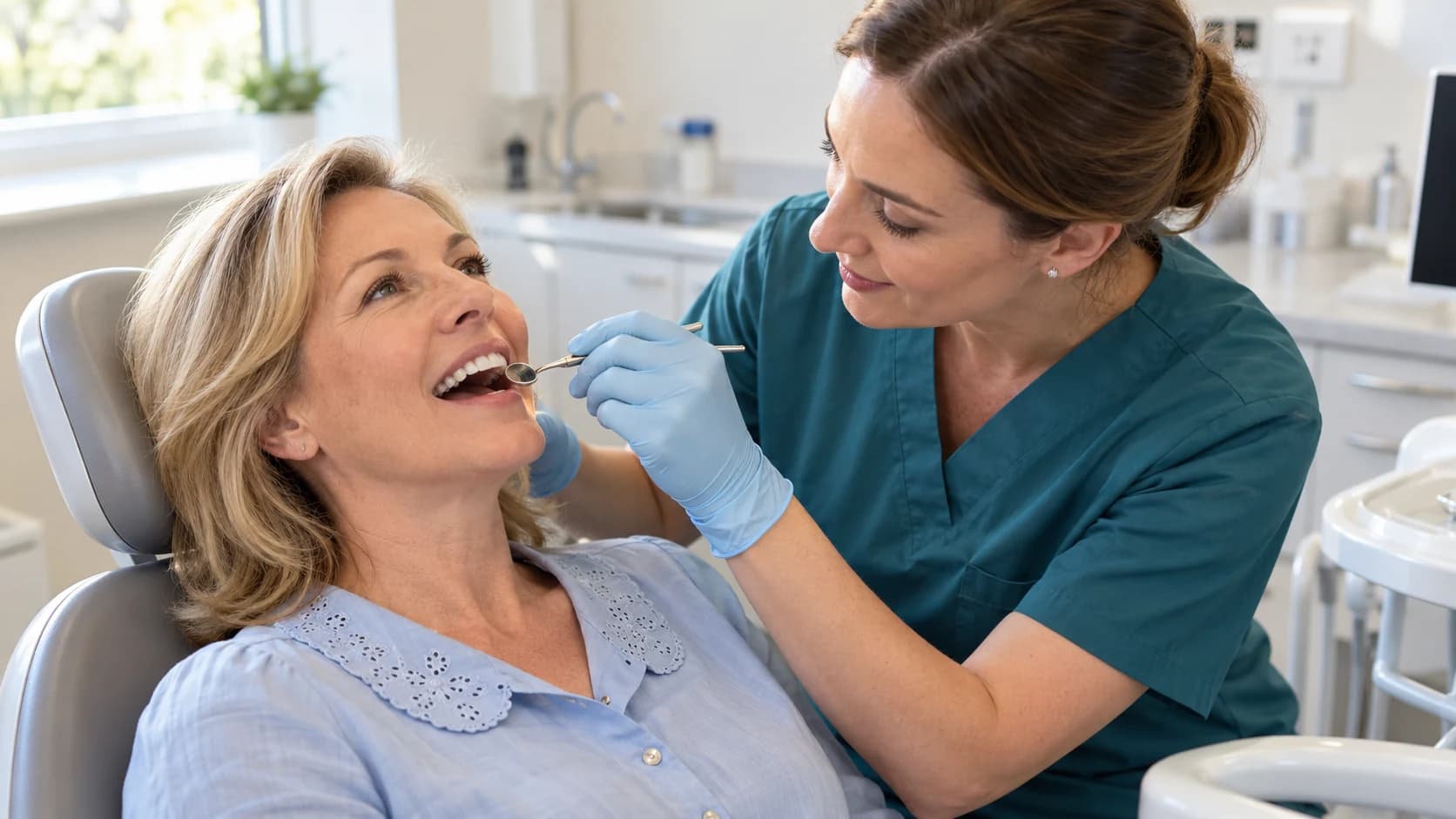Dentist gently examines a woman in a blue embroidered blouse at a follow-up dental appointment.