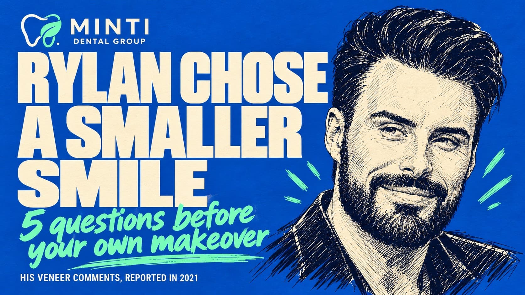 Blue Minti editorial illustration of Rylan Clark beside the headline 'Rylan chose a smaller smile' and five questions before a smile makeover.