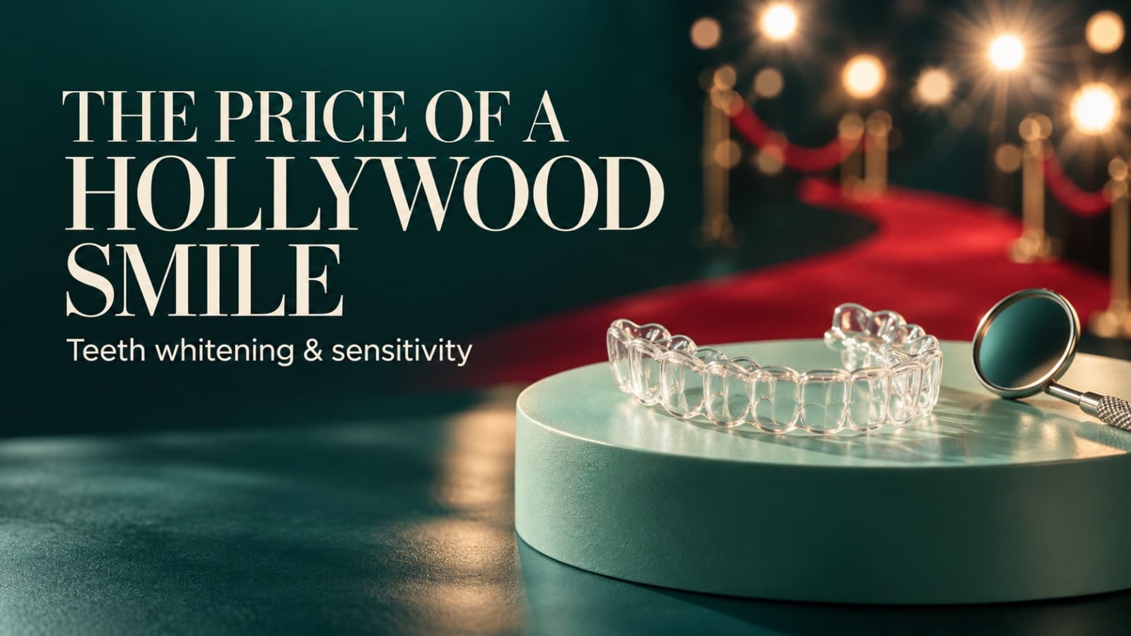 Teeth-whitening tray and dental mirror against a Hollywood red-carpet backdrop, with the headline “The Price of a Hollywood Smile”.