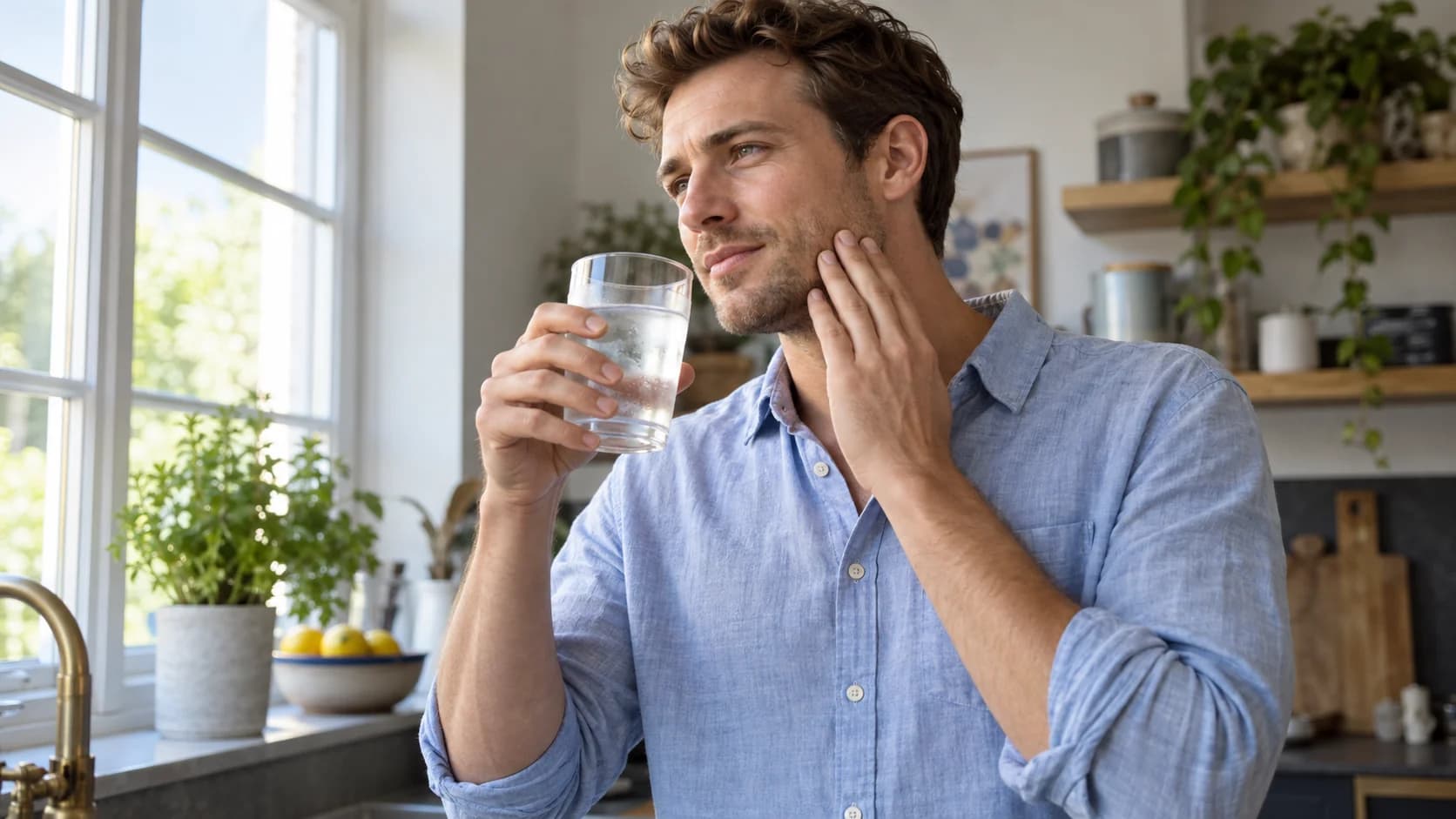 Man in a blue shirt pauses with a glass of cold water after feeling tooth sensitivity.