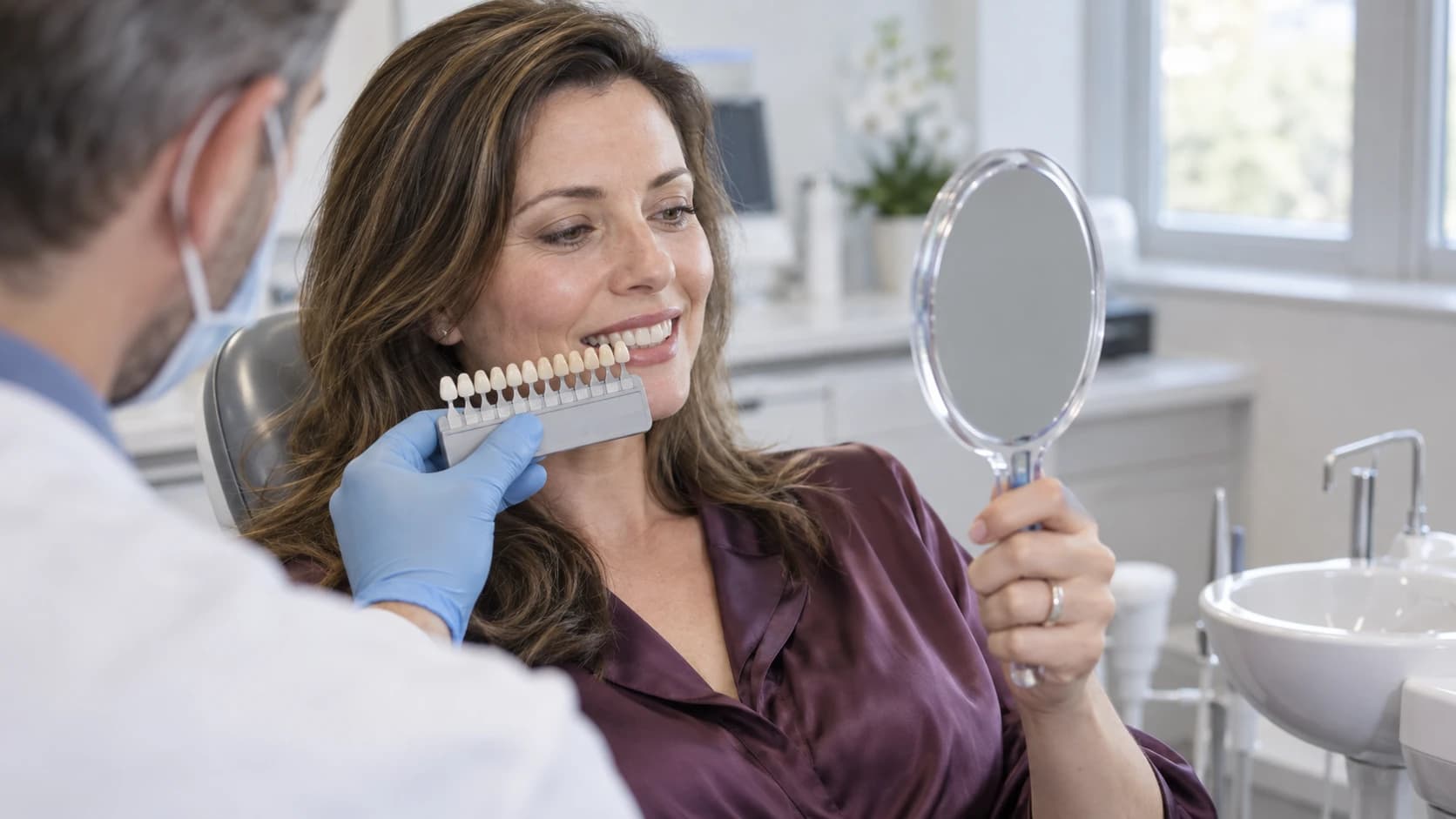 Woman in a plum blouse checks her smile in a mirror while a dentist compares a tooth shade guide.