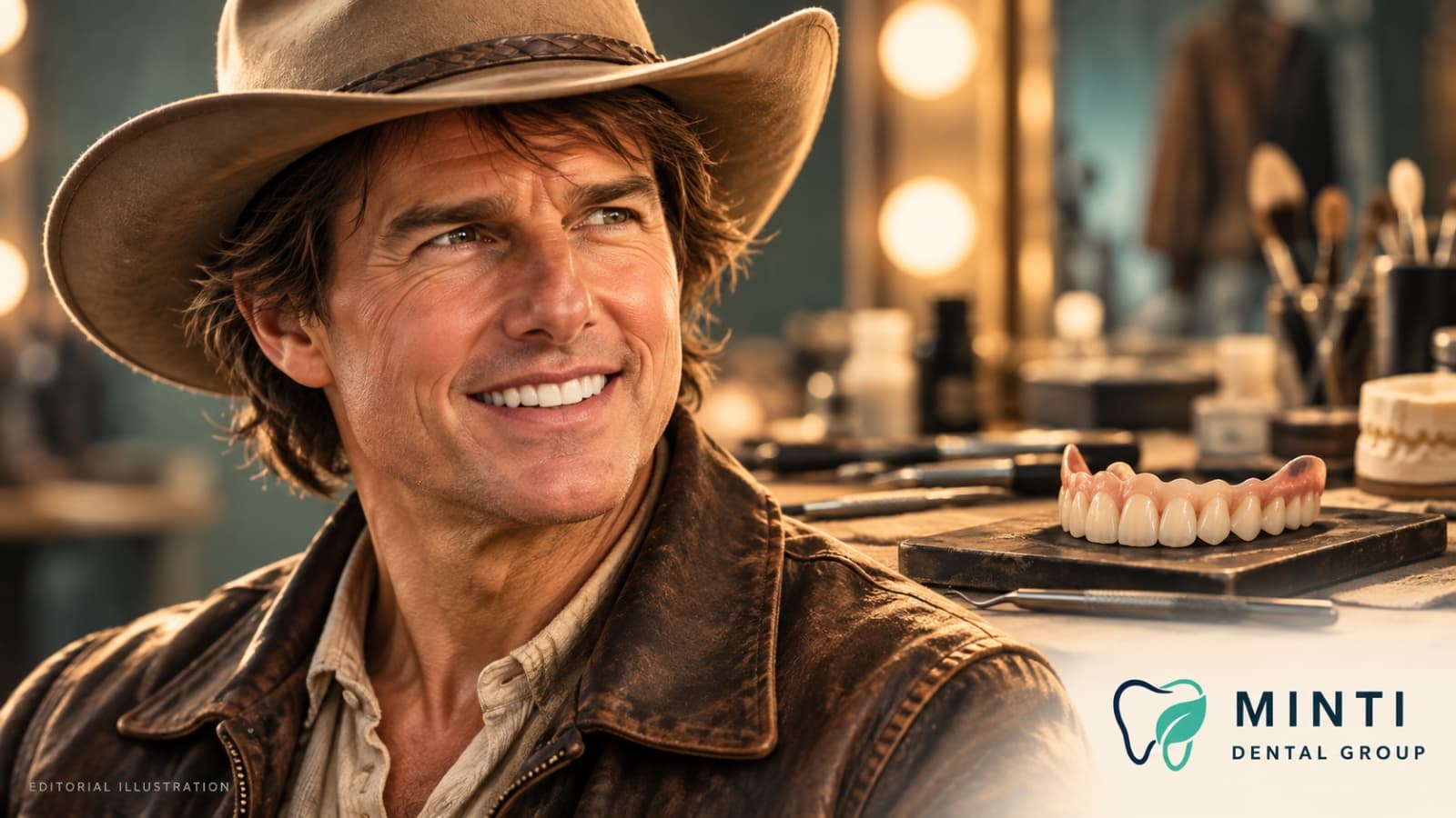 Editorial illustration of Tom Cruise in a cowboy hat beside removable prop teeth on a film make-up table, with Minti Dental Group branding.