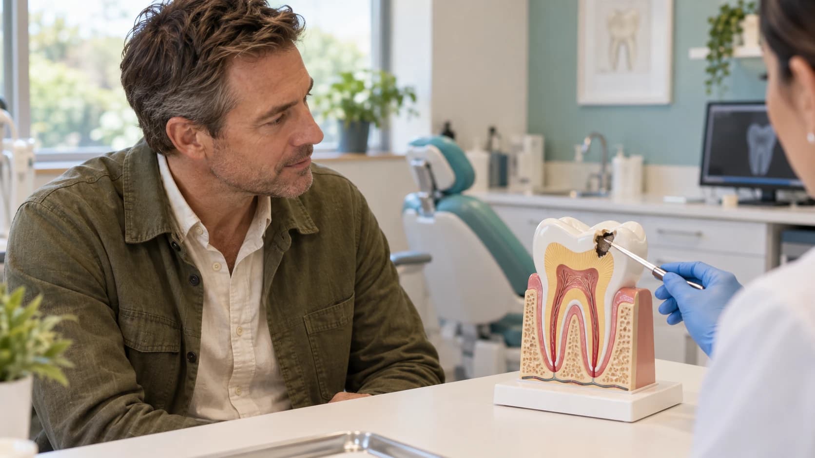 Man in an olive overshirt discusses a cavity shown on a tooth model with a dentist.