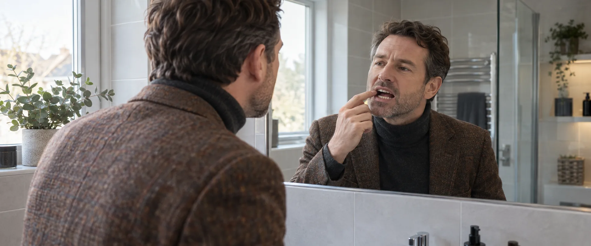 Man looking in a bathroom mirror and gently checking a tender tooth with his finger.