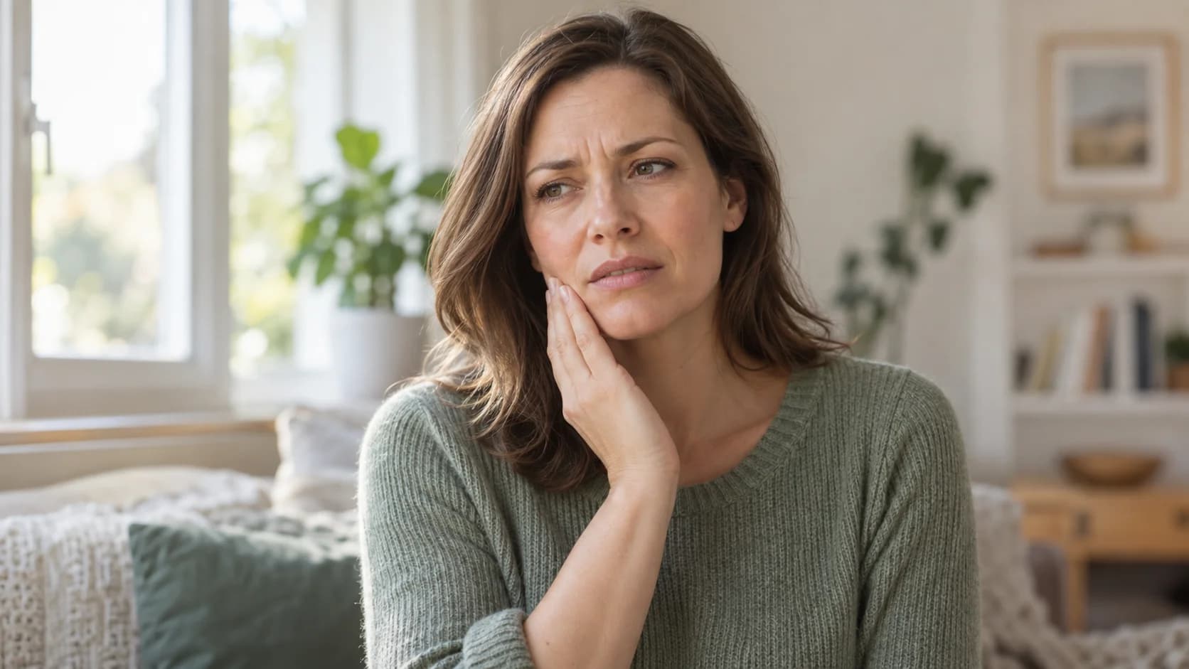 Toothache spreading to the ear, jaw or head Woman resting her hand against her cheek and jaw while sitting beside a window.