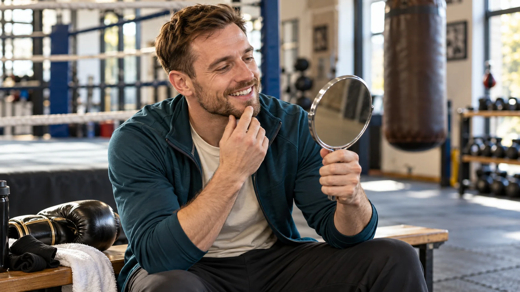 Generic boxer in a teal overshirt considers his smile in a bright gym mirror.