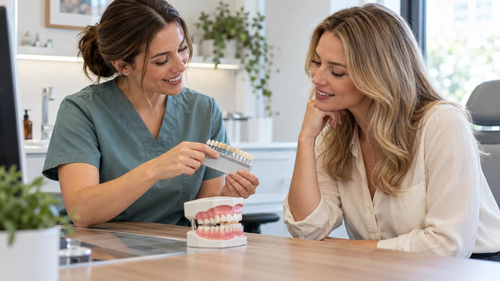 Dentist in teal scrubs discusses a tooth shade guide and dental model with a woman in a cream blouse.
