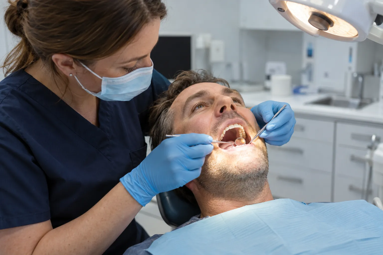 Dentist in navy scrubs and blue gloves uses a dental mirror and probe to check a man's back teeth under the examination light.