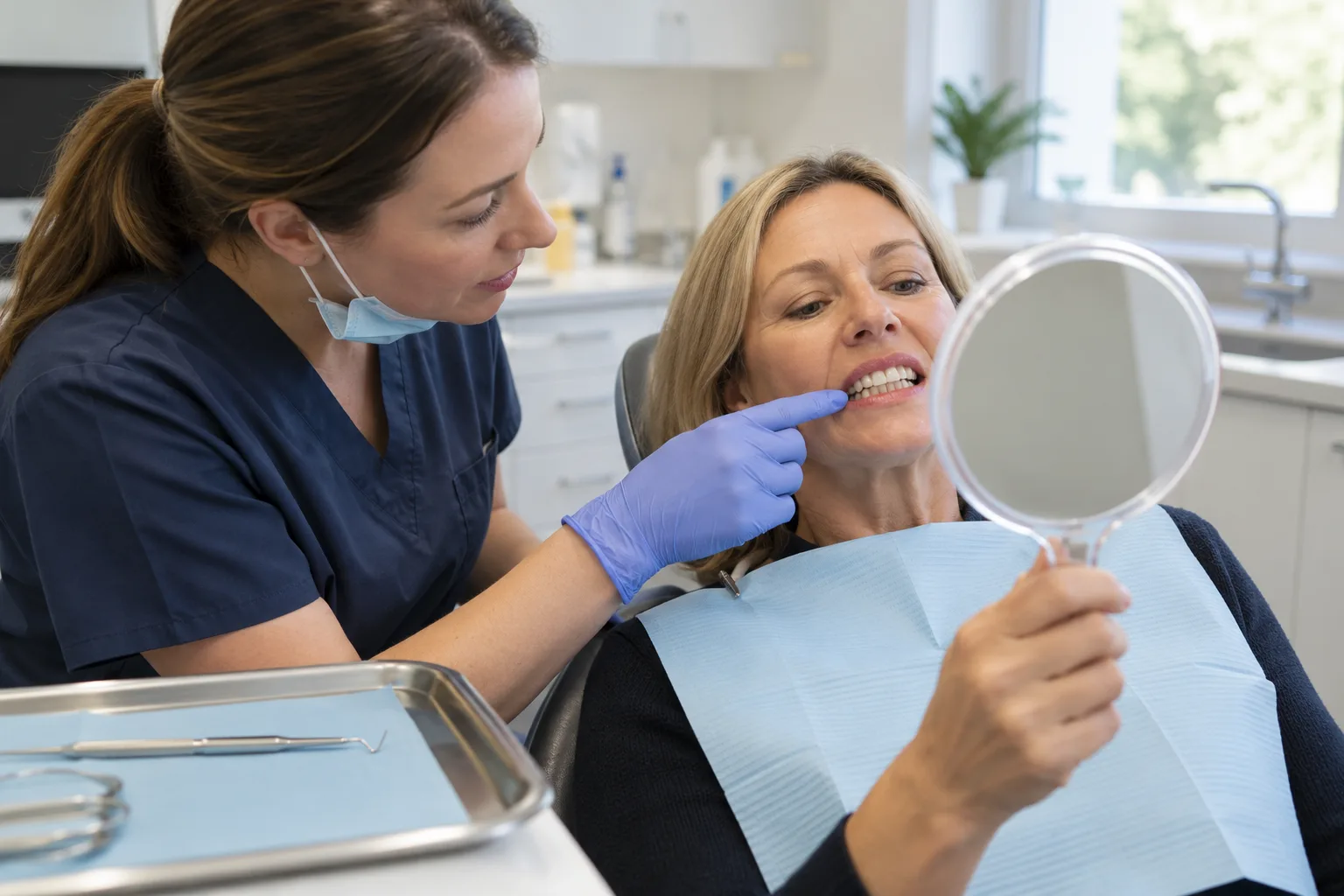 Dental hygienist in navy scrubs with her mask pulled down points a gloved finger at the gum line of a woman in the dental chair, who holds up a round hand mirror to look at her own gums, with a periodontal probe and instruments on a steel tray in the foreground.