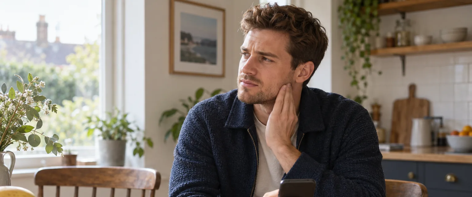 Man in a navy jacket sits by a kitchen window while considering pain near a wisdom tooth.