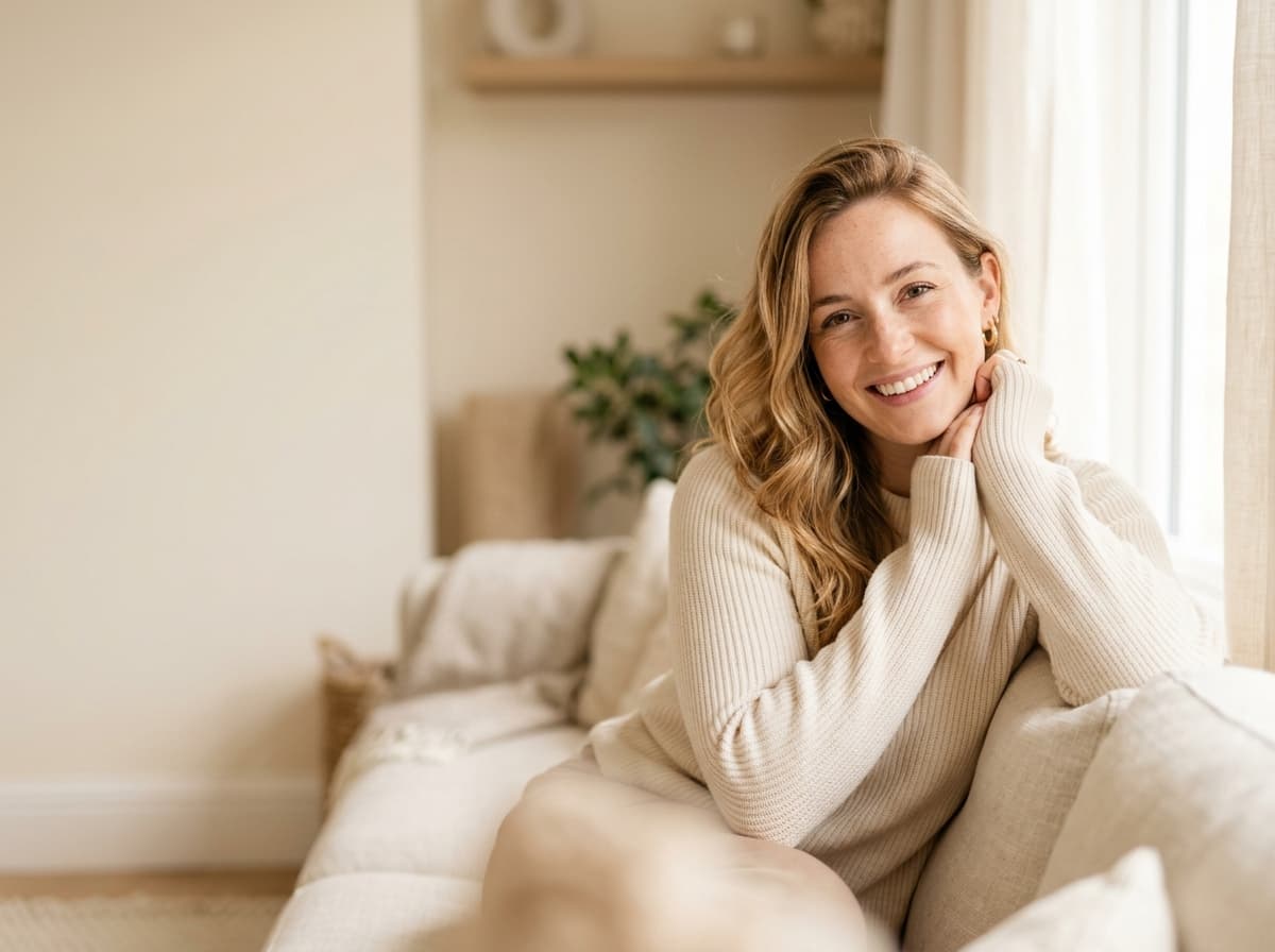 A woman relaxing on a sofa in soft light