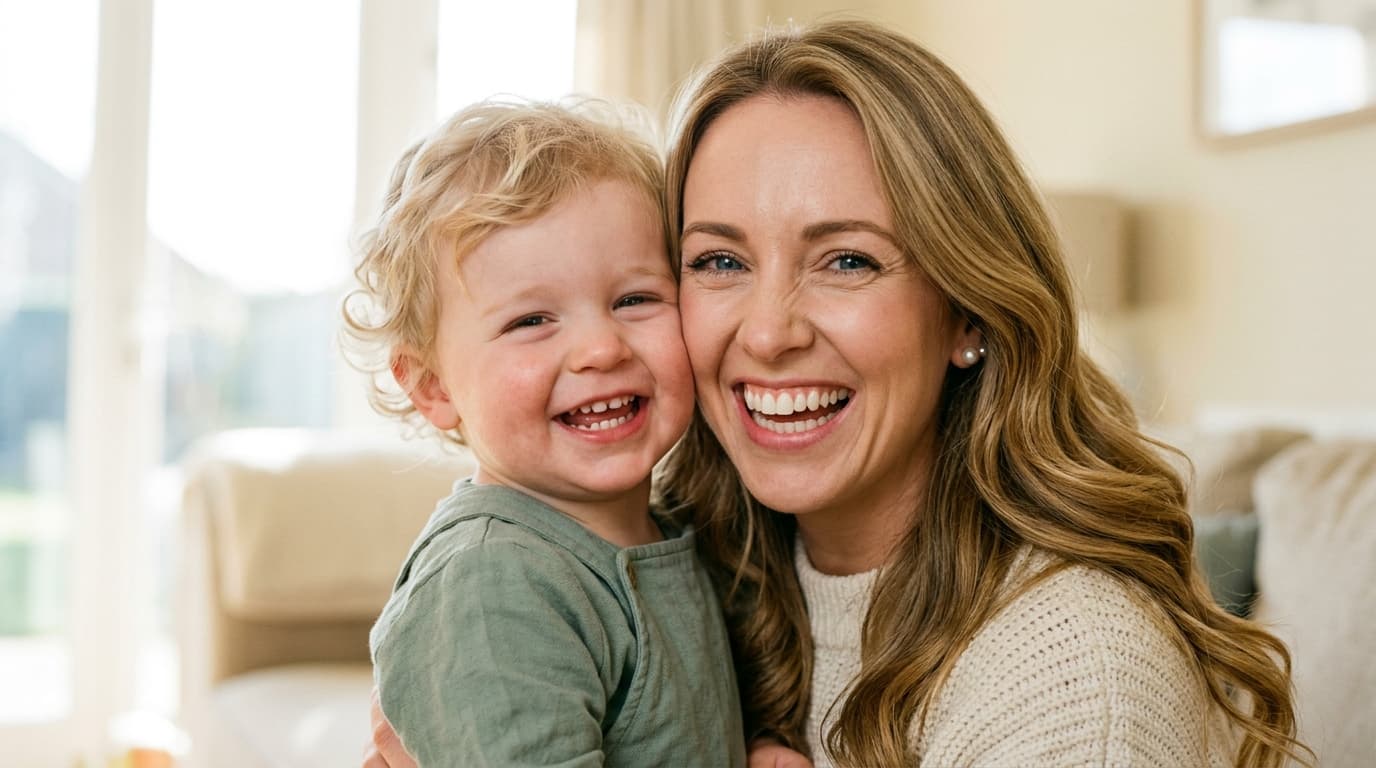 A parent and child smiling