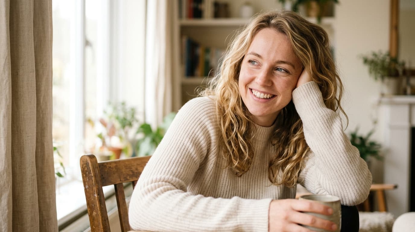 A woman by a window with a mug